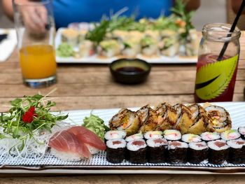 High angle view of sushi served on table