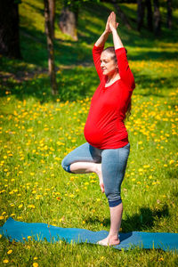 Pregnant woman doing asana vrikshasana outdoors