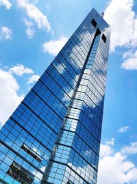 Low angle view of modern glass building against sky