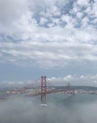 Golden gate bridge in city against cloudy sky