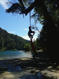 Man in mid-air by tree against sky