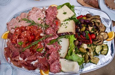 High angle view of meal served on table