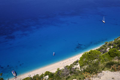 High angle view of beach against blue sky