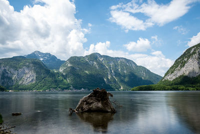 Scenic view of lake and mountains against sky