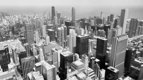 High angle view of modern buildings in city