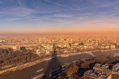 High angle view of city buildings against sky