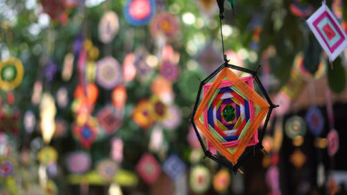 Cultural colorful festive ornaments hanging handicraft fabric of southeast asian hill tribe