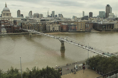 View of suspension bridge in city