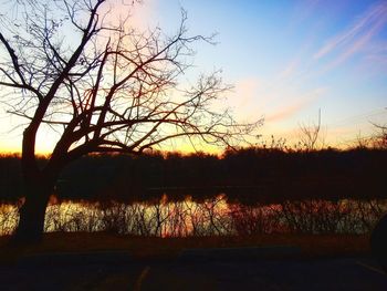 Silhouette bare trees by lake against sky during sunset