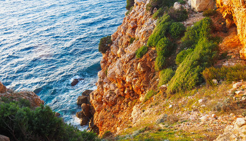 High angle view of rocks on beach