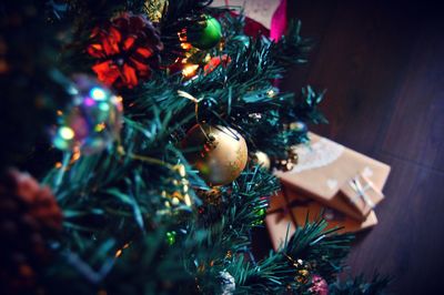 High angle view of decorated christmas tree at home