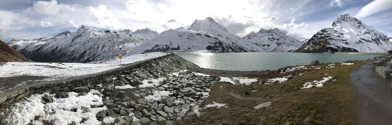 Panoramic view of lake and snowcapped mountains against sky