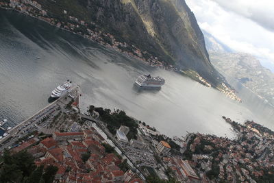 High angle view of boats in sea