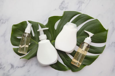 High angle view of beauty products on table