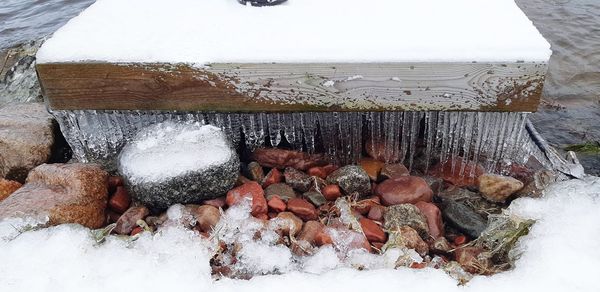 High angle view of icicles on snow covered land