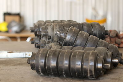 Close-up of metallic equipment at workshop