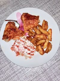 High angle view of food served on table