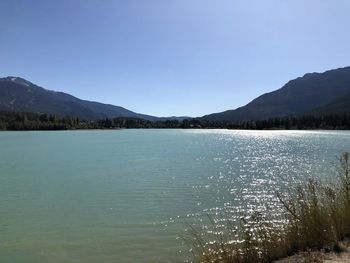 Scenic view of lake against clear blue sky