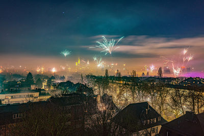 The frankfurt skyline with firework at new years eve
