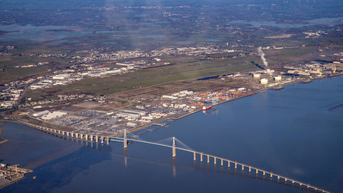 High angle view of city at waterfront