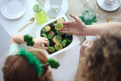 High angle view of woman preparing food