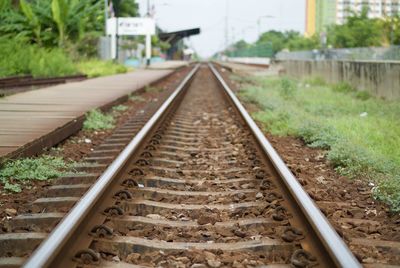 High angle view of railroad tracks at station