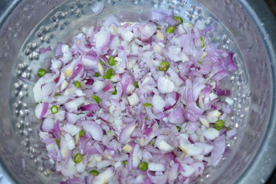 High angle view of purple flowers in bowl