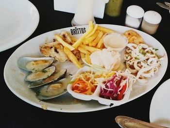 High angle view of food in plate on table