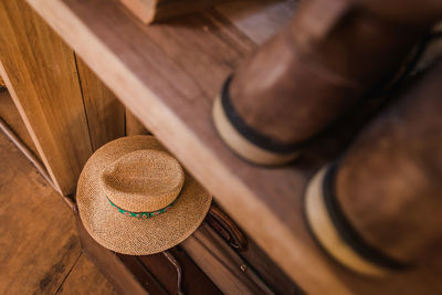 High angle view of hat on table
