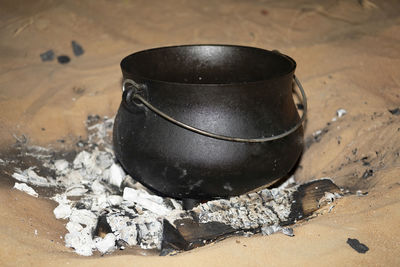 High angle view of black cast iron dutch-oven