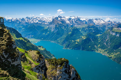 Scenic view of lake and mountains against sky