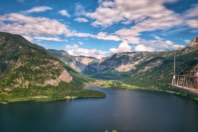 Scenic view of river and mountains against sky