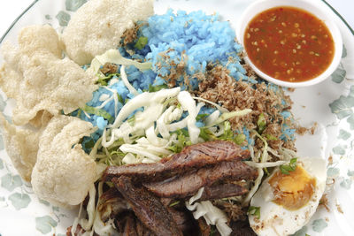 High angle view of meal served in bowl