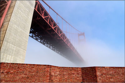 Low angle view of suspension bridge against sky