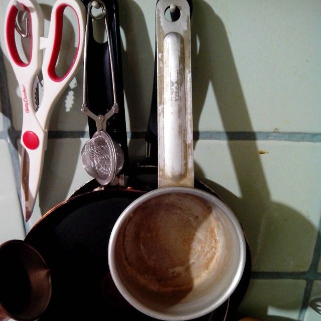 indoors, still life, table, food and drink, drink, close-up, spoon, refreshment, coffee cup, cup, saucer, kitchen utensil, fork, coffee - drink, no people, high angle view, metal, plate, tea cup, container