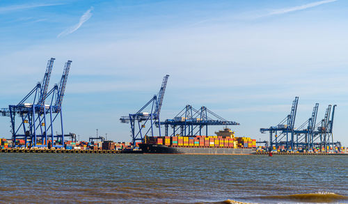 Felixstowe container port panoramic shots showing gantry cranes and container ship