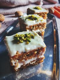 Close-up of dessert served on table