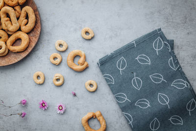 High angle view of cookies on table