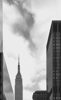 Low angle view of skyscrapers against cloudy sky