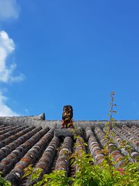 Low angle view of roof tiles on field against sky