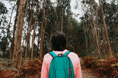 Rear view of woman standing by trees in forest