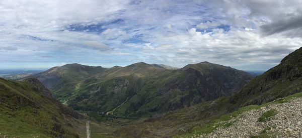 Scenic view of mont snowdon against cloudy sky