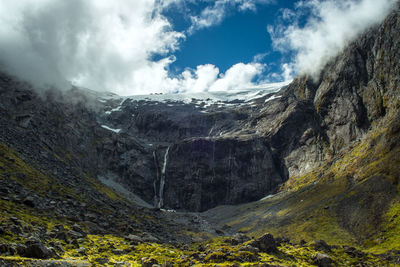 Scenic view of mountains against blue sky