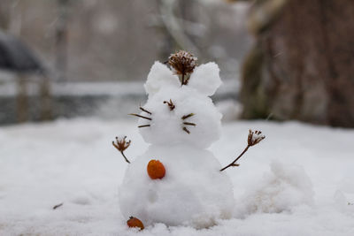 Close-up of snowman during winter