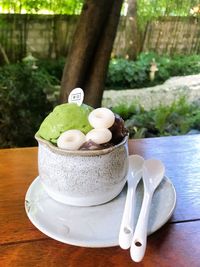 Close-up of ice cream in plate on table