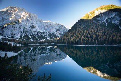 Scenic view of lake and snowcapped mountains against sky