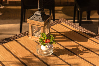 High angle view of vase on table