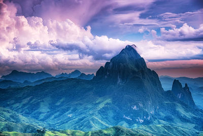 Panoramic view of mountains against sky during sunset