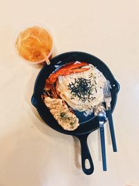 High angle view of dessert served on table