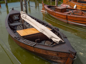 High angle view of boats moored in lake